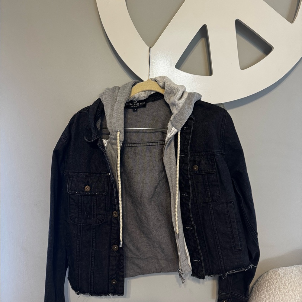 Central Park West Black Denim Jacket with Grey Hood